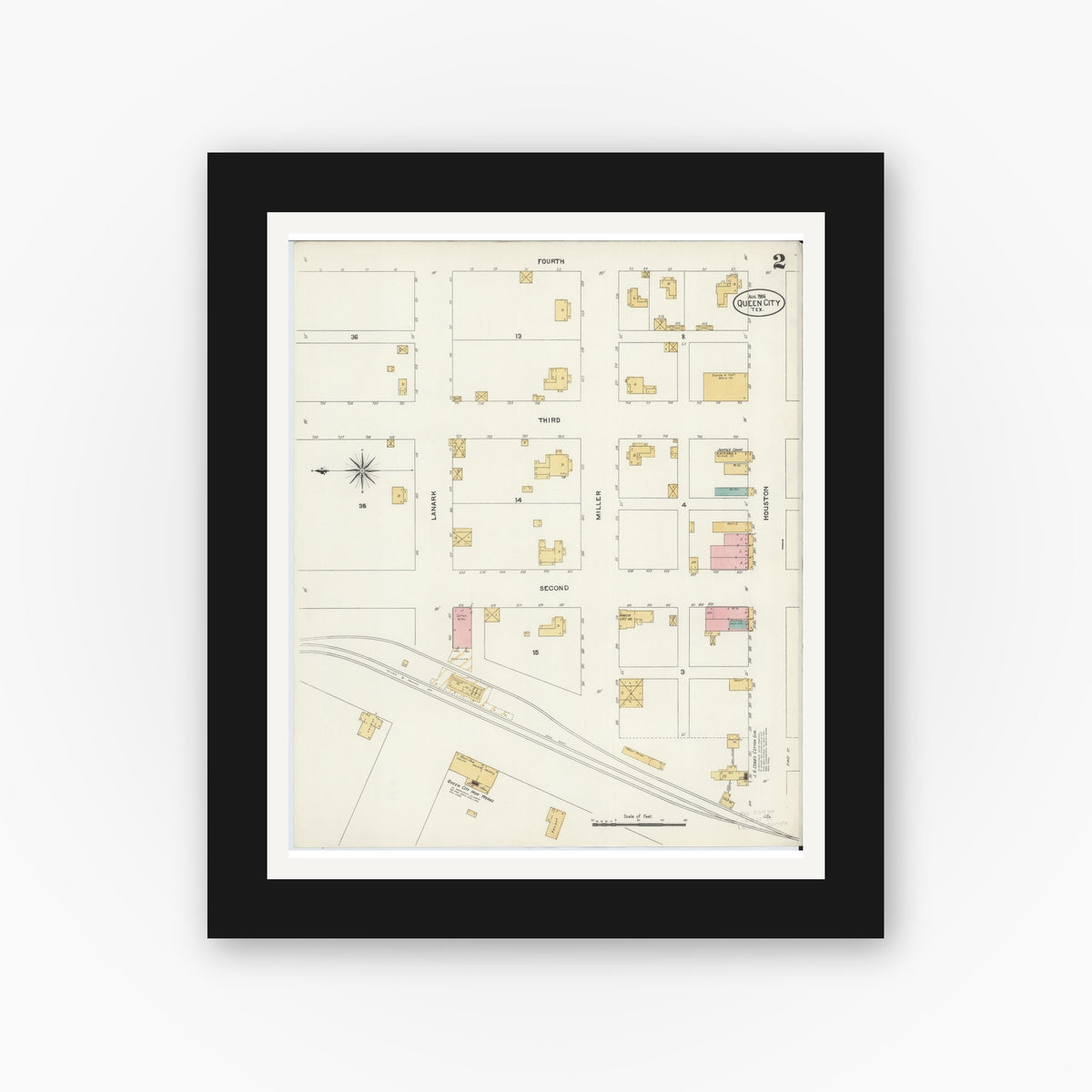 Old map wall art mockup — black gallery frame with white mat — Sanborn Fire Insurance Map from Queen City, Cass County, Texas (1906), Sheet #0002