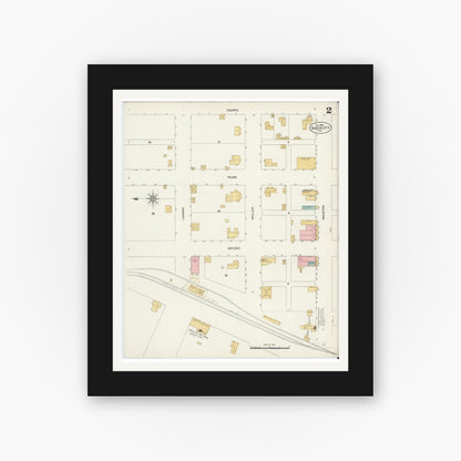 Old map wall art mockup — black gallery frame with white mat — Sanborn Fire Insurance Map from Queen City, Cass County, Texas (1906), Sheet #0002