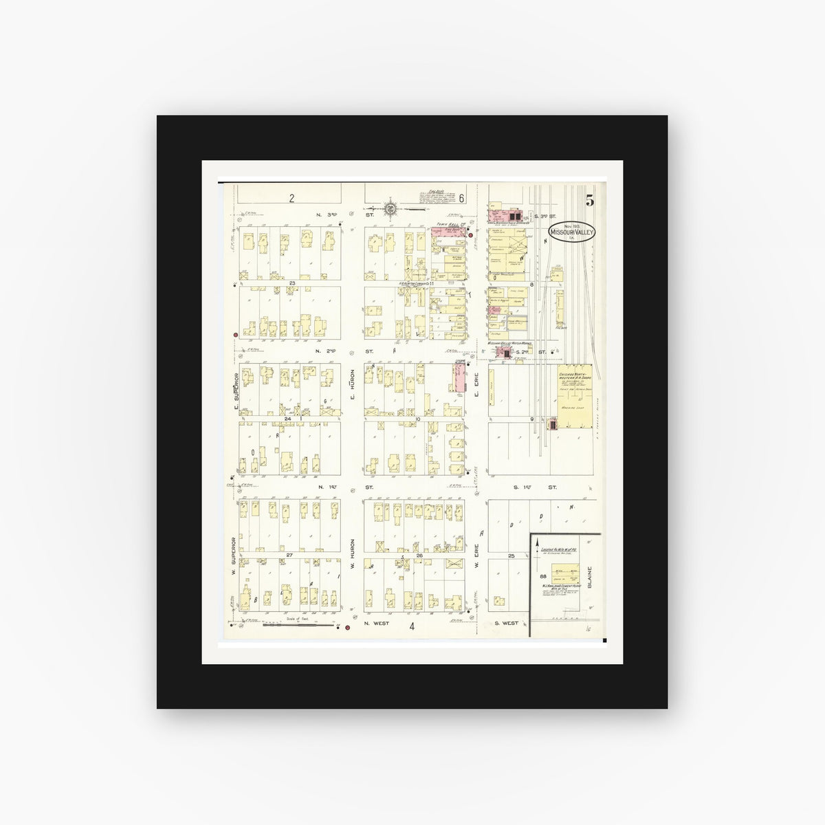 Old map wall art mockup — black gallery frame with white mat — Sanborn Fire Insurance Map from Missouri Valley, Harrison County, Iowa (1913), Sheet #0005