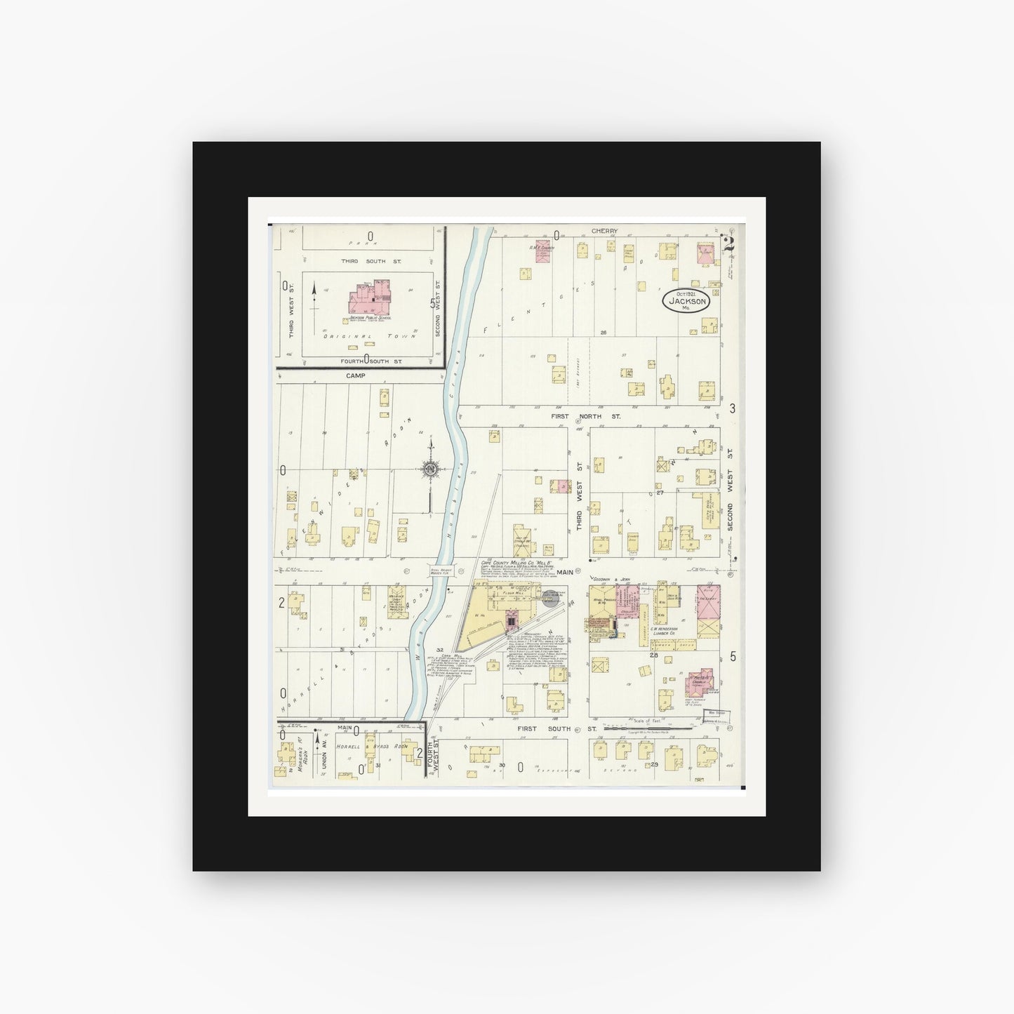 Old map wall art mockup — black gallery frame with white mat — Sanborn Fire Insurance Map from Jackson, Cape Girardeau County, Missouri (1921), Sheet #0002