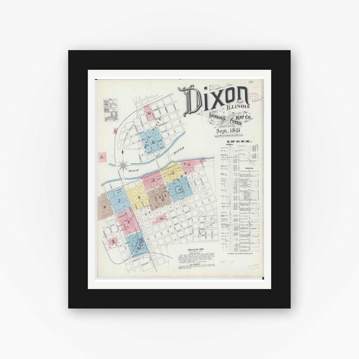 Old map wall art mockup — black gallery frame with white mat — Sanborn Fire Insurance Map from Dixon, Lee County, Illinois (1891) - Complete Map Set