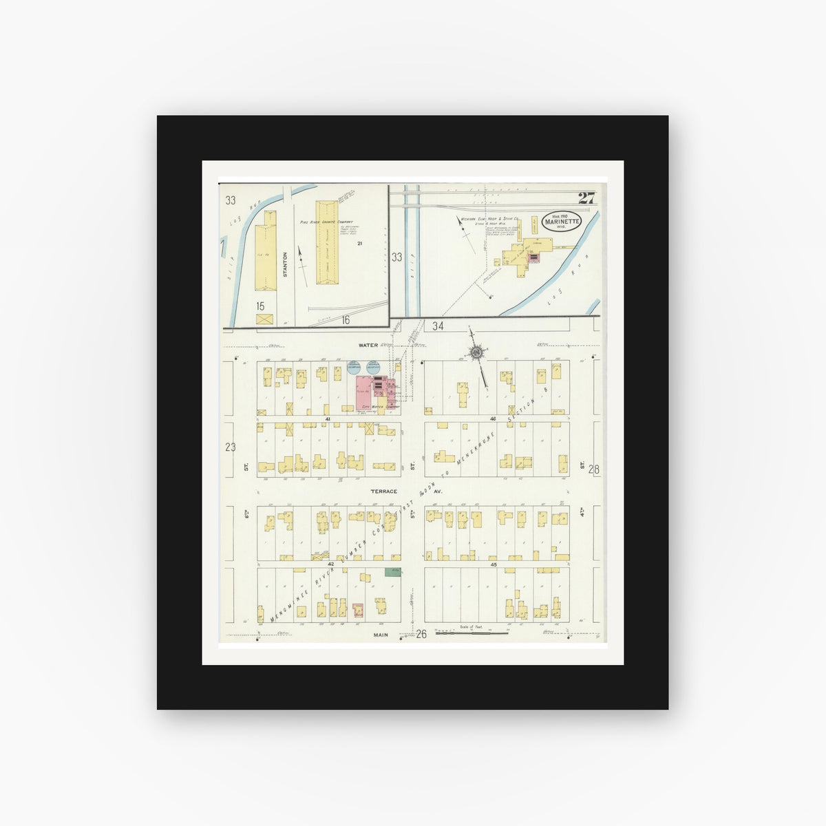 Old map wall art mockup — black gallery frame with white mat — Sanborn Fire Insurance Map from Marinette, Marinette County, Wisconsin (1910), Sheet #0027