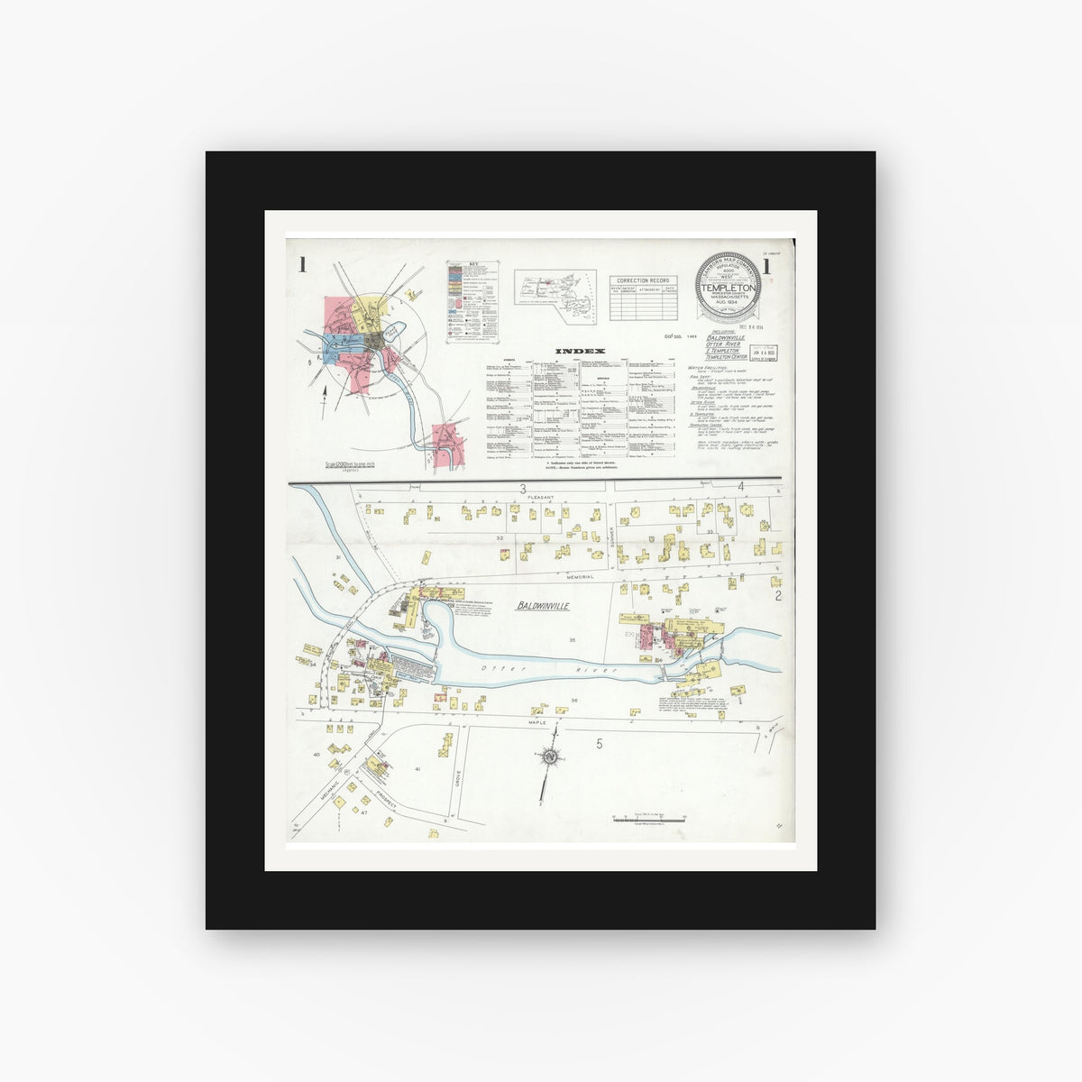 Old map wall art mockup — black gallery frame with white mat — Sanborn Fire Insurance Map from Templeton, Worcester County, Massachusetts (1934), Sheet #0001