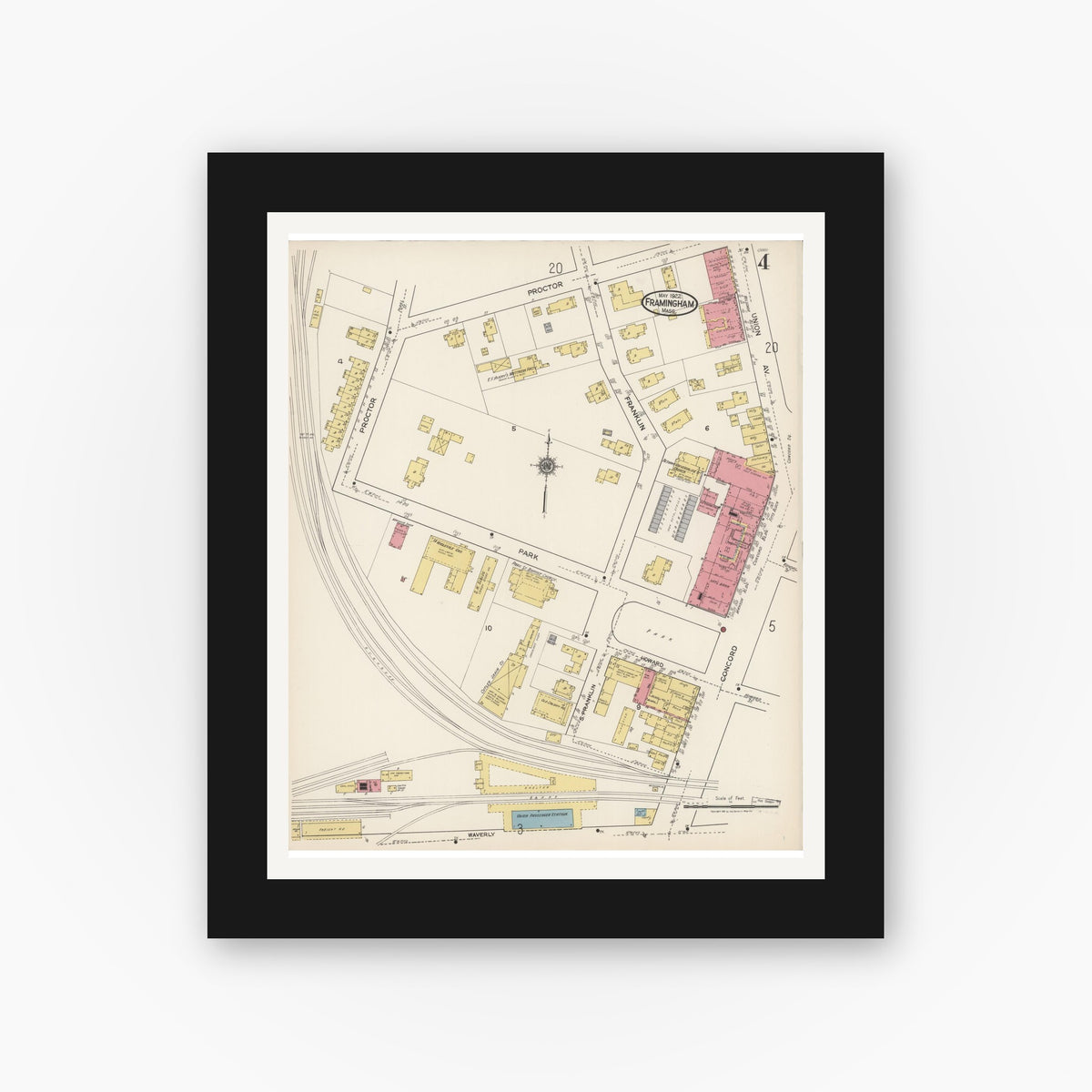 Old map wall art mockup — black gallery frame with white mat — Sanborn Fire Insurance Map from Framingham, Middlesex County, Massachusetts (1922), Sheet #0004