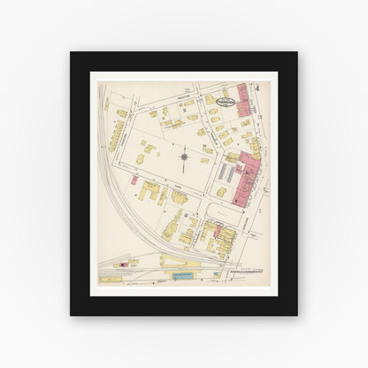 Old map wall art mockup — black gallery frame with white mat — Sanborn Fire Insurance Map from Framingham, Middlesex County, Massachusetts (1922), Sheet #0004