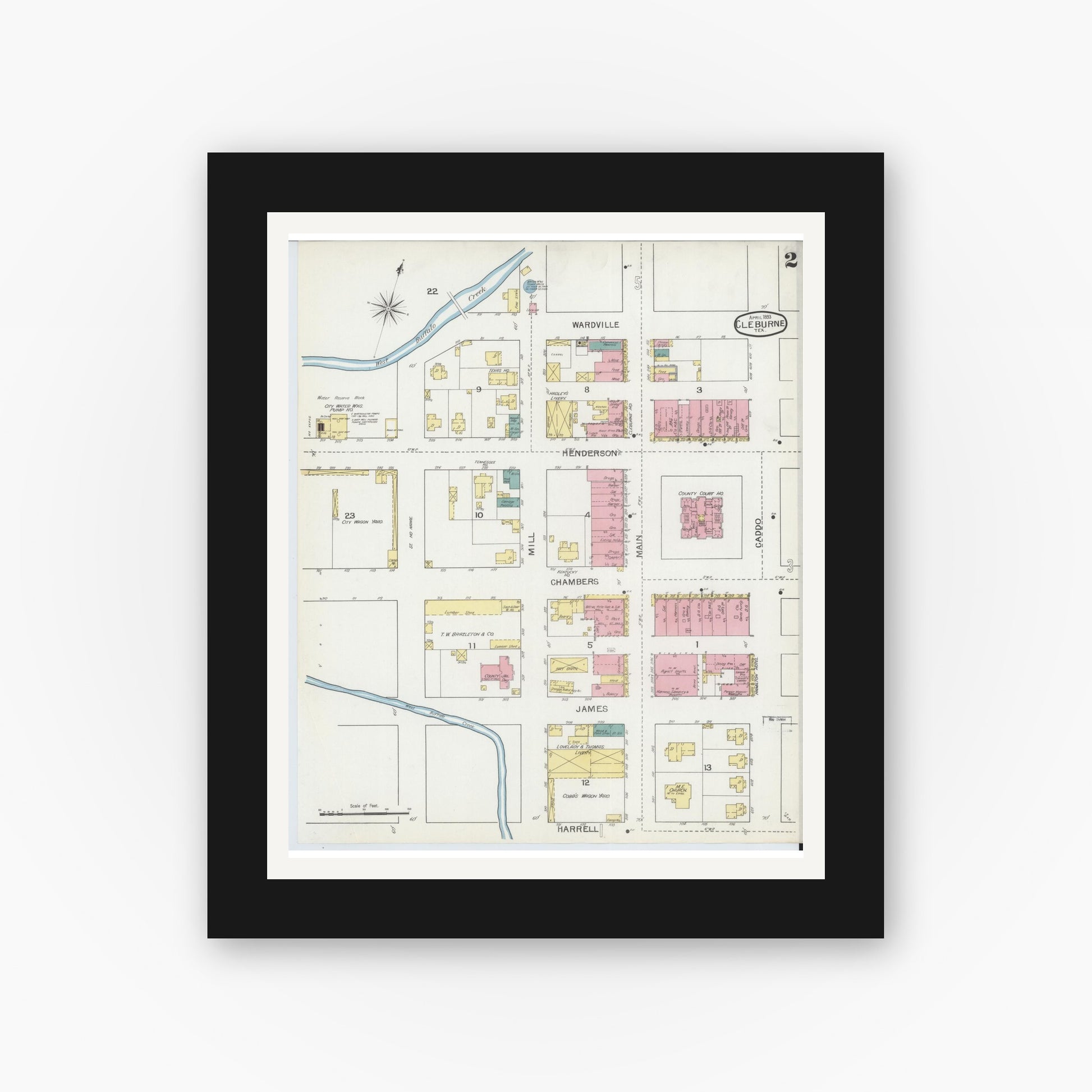 Old map wall art mockup — black gallery frame with white mat — Sanborn Fire Insurance Map from Cleburne, Johnson County, Texas (1893), Sheet #0002