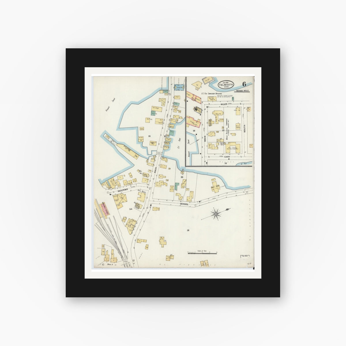 Old map wall art mockup — black gallery frame with white mat — Sanborn Fire Insurance Map from Falmouth, Barnstable County, Massachusetts (1906), Sheet #0006