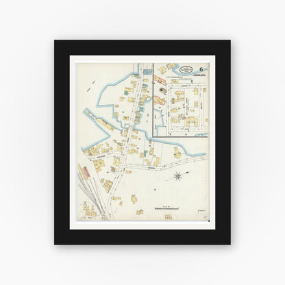 Old map wall art mockup — black gallery frame with white mat — Sanborn Fire Insurance Map from Falmouth, Barnstable County, Massachusetts (1906), Sheet #0006