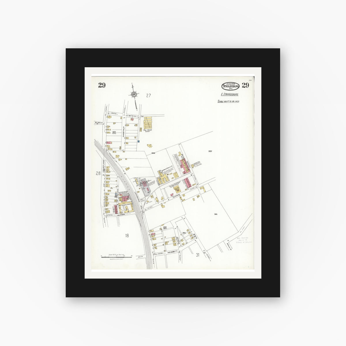 Old map wall art mockup — black gallery frame with white mat — Sanborn Fire Insurance Map from Stroudsburg, Monroe County, Pennsylvania (1923), Sheet #0029