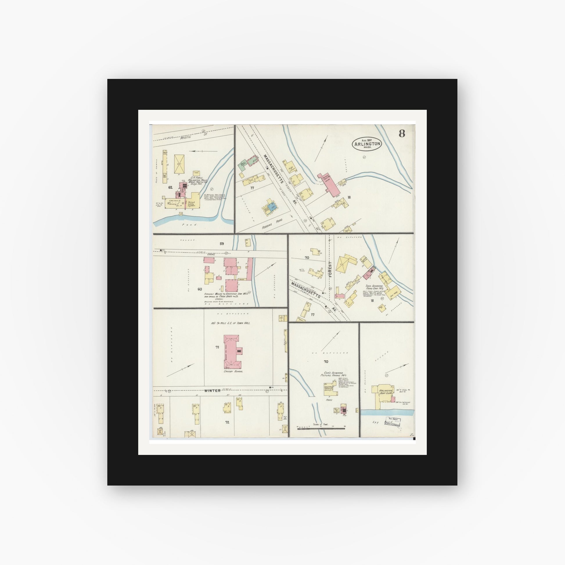Old map wall art mockup — black gallery frame with white mat — Sanborn Fire Insurance Map from Arlington, Middlesex County, Massachusetts (1897), Sheet #0008