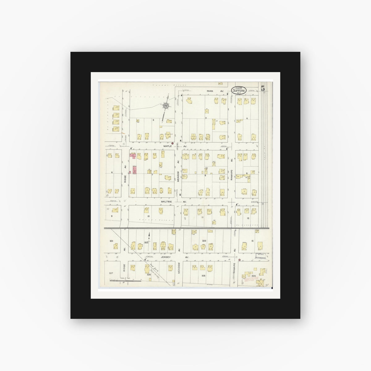 Old map wall art mockup — black gallery frame with white mat — Sanborn Fire Insurance Map from Suffern, Rockland County, New York (1913), Sheet #0005