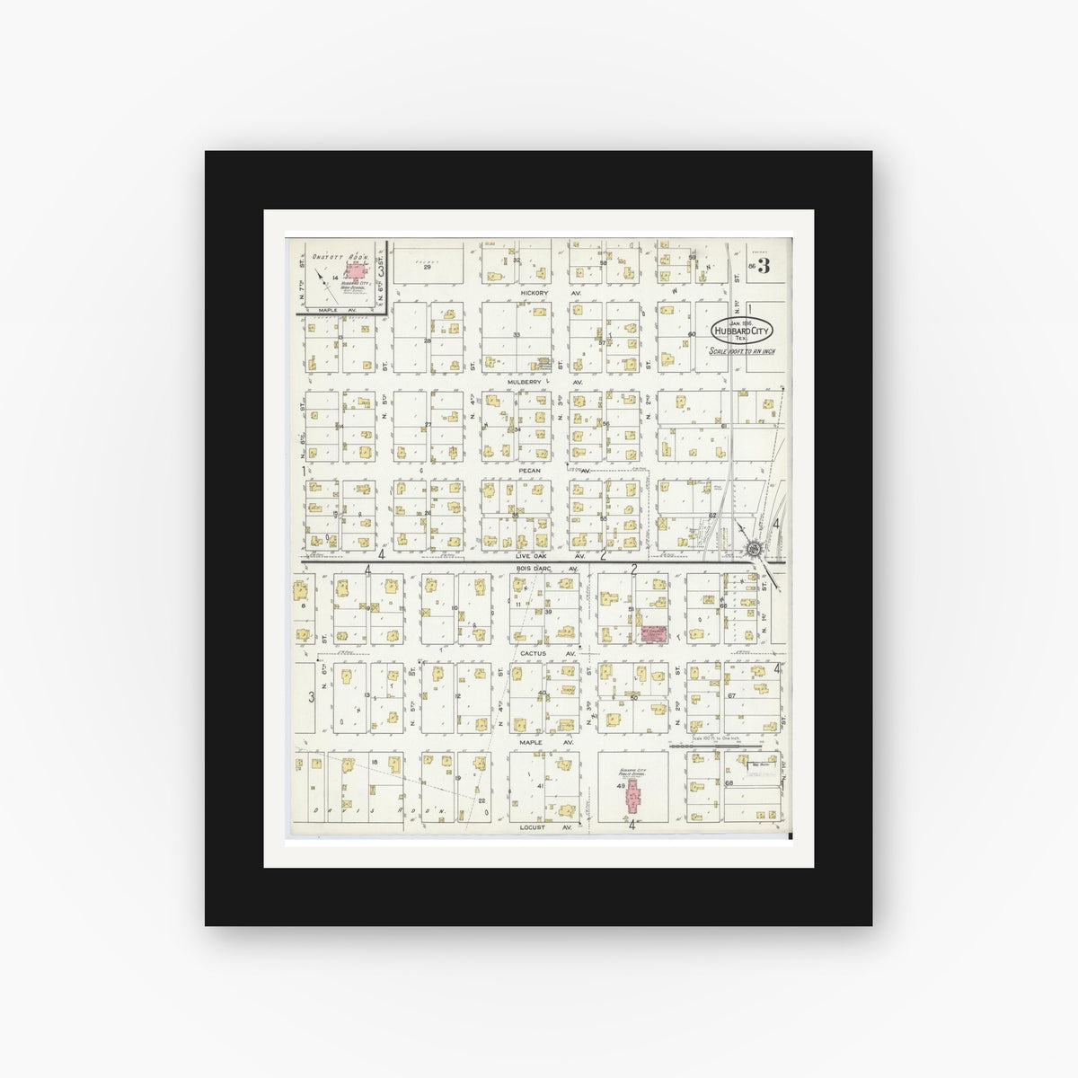 Old map wall art mockup — black gallery frame with white mat — Sanborn Fire Insurance Map from Hubbard, Hill County, Texas (1916), Sheet #0003
