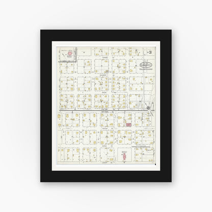Old map wall art mockup — black gallery frame with white mat — Sanborn Fire Insurance Map from Hubbard, Hill County, Texas (1916), Sheet #0003