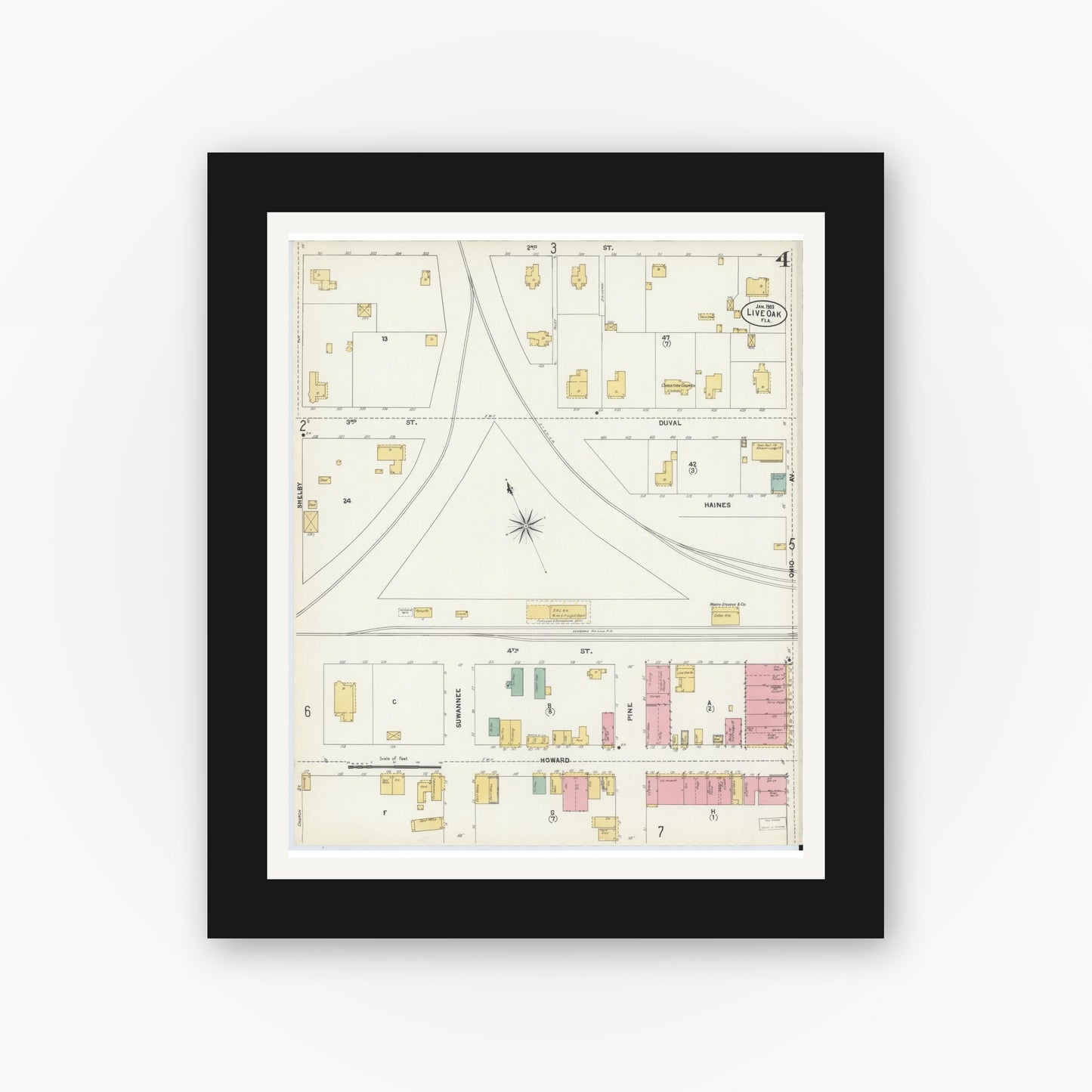 Old map wall art mockup — black gallery frame with white mat — Sanborn Fire Insurance Map from Live Oak, Suwanee County, Florida (1903), Sheet #0004