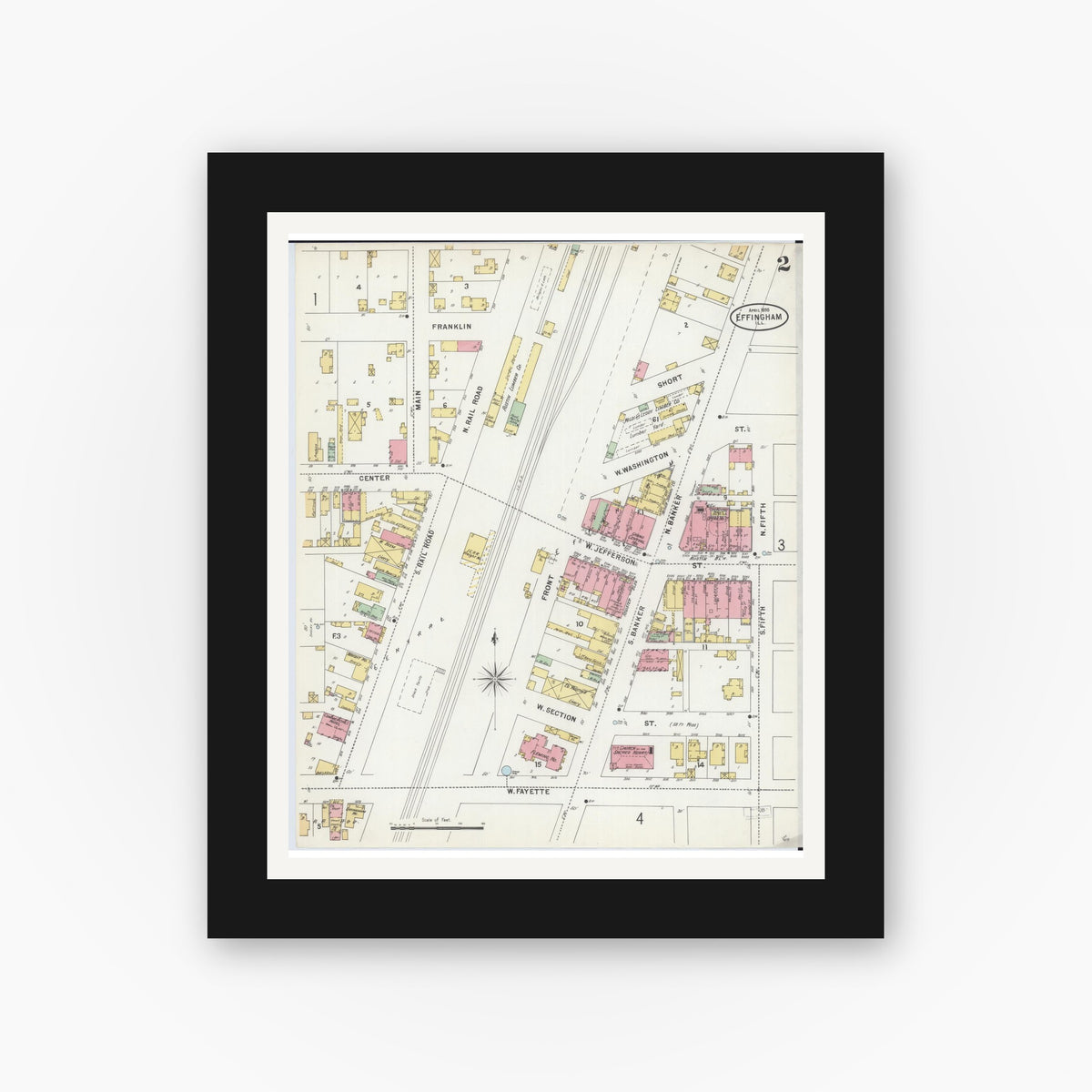 Old map wall art mockup — black gallery frame with white mat — Sanborn Fire Insurance Map from Effingham, Effingham County, Illinois (1898), Sheet #0002