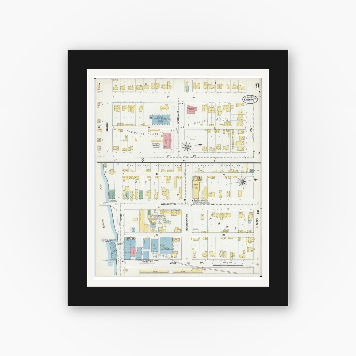 Old map wall art mockup — black gallery frame with white mat — Sanborn Fire Insurance Map from Kankakee, Kankakee County, Illinois (1901), Sheet #0009
