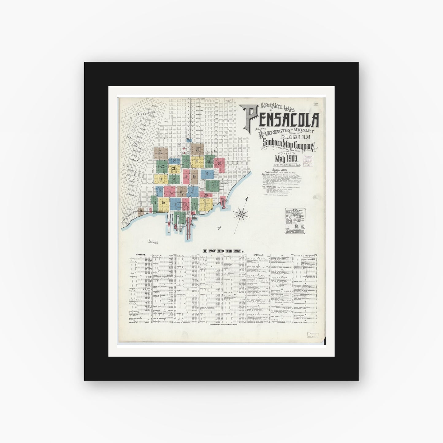 Old map wall art mockup — black gallery frame with white mat — Sanborn Fire Insurance Map from Pensacola, Escambia County, Florida (1903), Sheet #0001