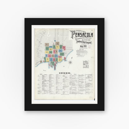 Old map wall art mockup — black gallery frame with white mat — Sanborn Fire Insurance Map from Pensacola, Escambia County, Florida (1903), Sheet #0001