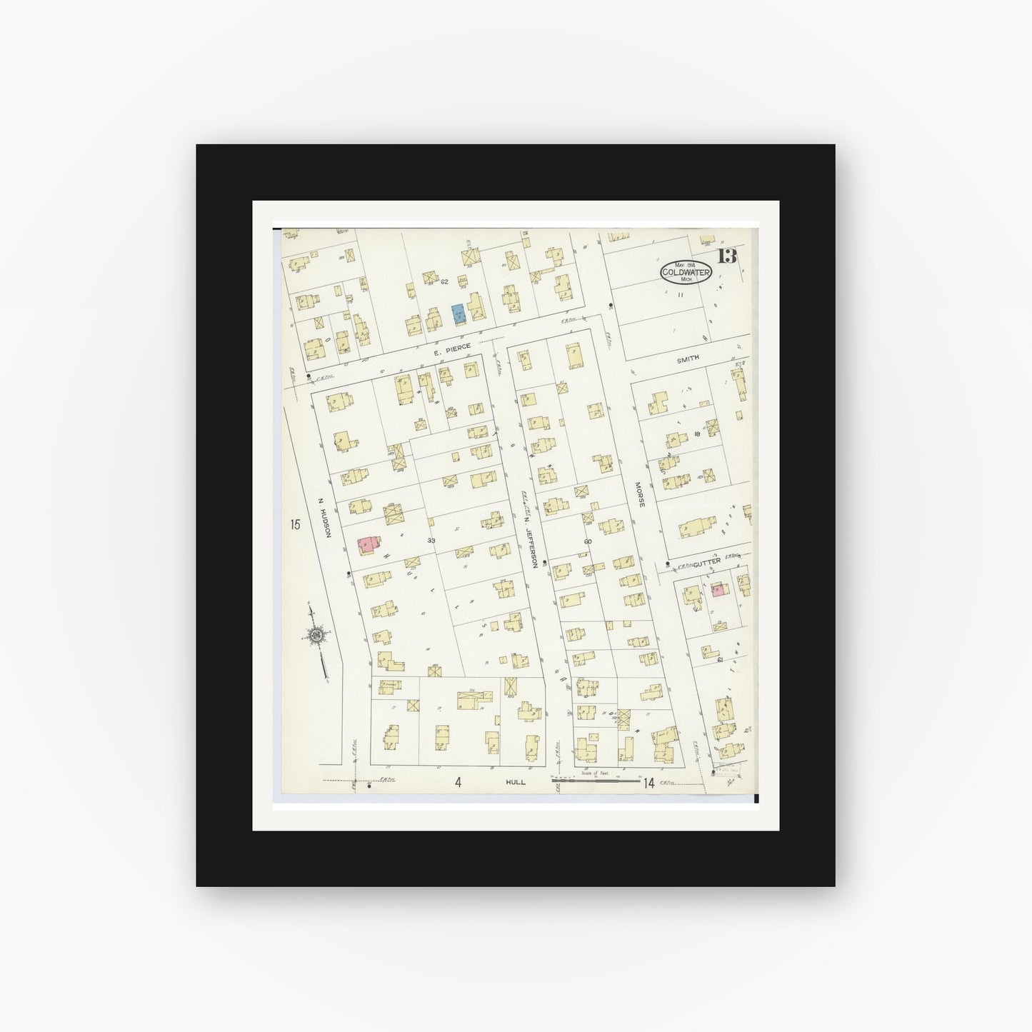 Old map wall art mockup — black gallery frame with white mat — Sanborn Fire Insurance Map from Coldwater, Branch County, Michigan (1914), Sheet #0013
