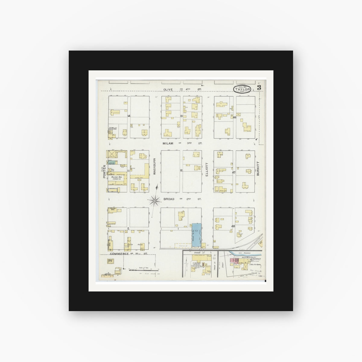 Old map wall art mockup — black gallery frame with white mat — Sanborn Fire Insurance Map from Taylor, Williamson County, Texas (1893), Sheet #0003