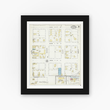 Old map wall art mockup — black gallery frame with white mat — Sanborn Fire Insurance Map from Taylor, Williamson County, Texas (1893), Sheet #0003
