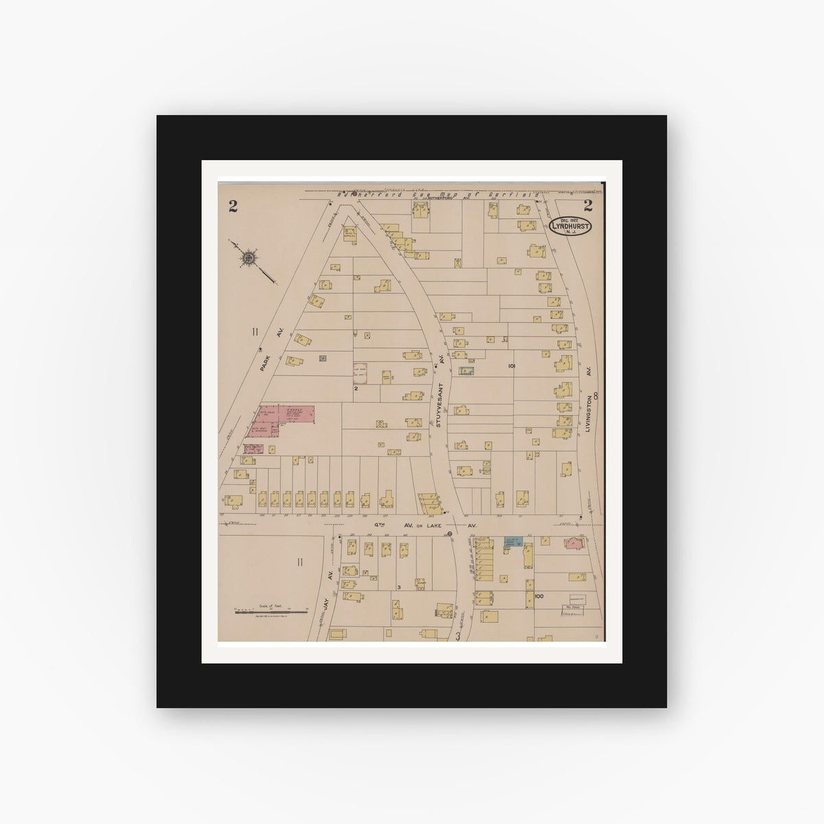 Old map wall art mockup — black gallery frame with white mat — Sanborn Fire Insurance Map from Lyndhurst, Bergen County, New Jersey (1922) - Complete Map Set