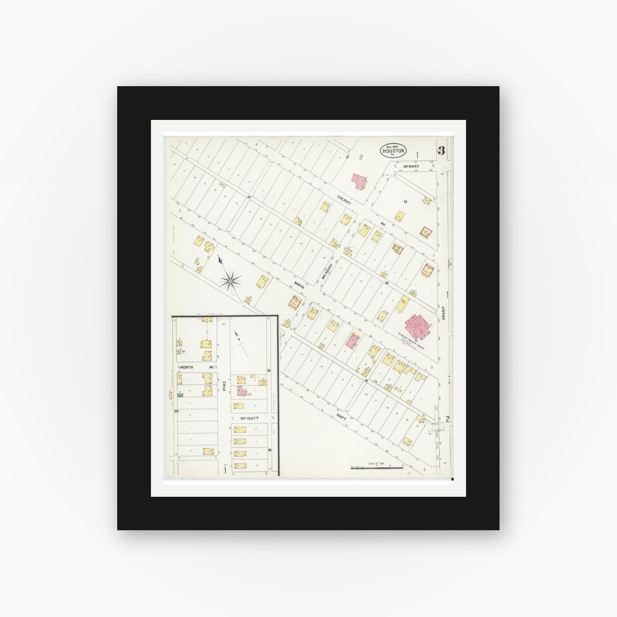 Old map wall art mockup — black gallery frame with white mat — Sanborn Fire Insurance Map from Houston, Washington County, Pennsylvania (1907), Sheet #0003