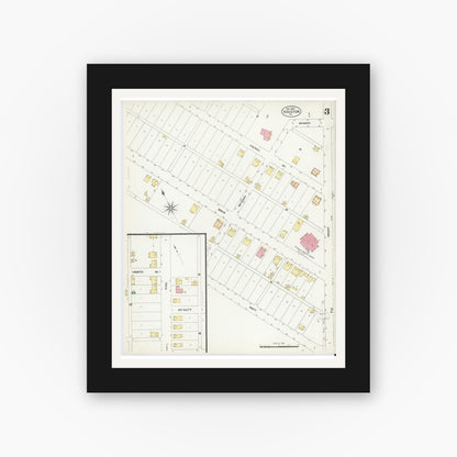 Old map wall art mockup — black gallery frame with white mat — Sanborn Fire Insurance Map from Houston, Washington County, Pennsylvania (1907), Sheet #0003