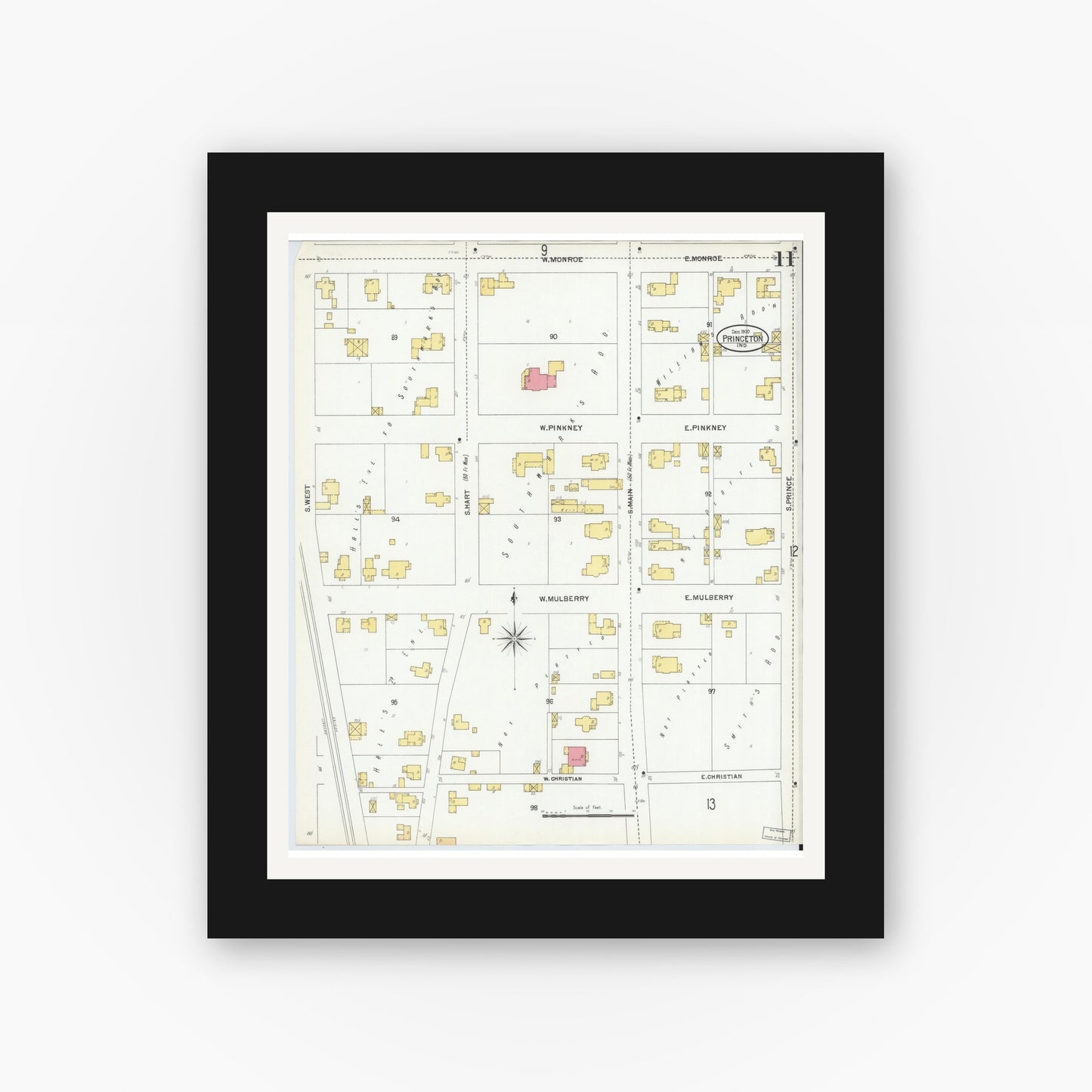 Old map wall art mockup — black gallery frame with white mat — Sanborn Fire Insurance Map from Princeton, Gibson County, Indiana (1900), Sheet #0011