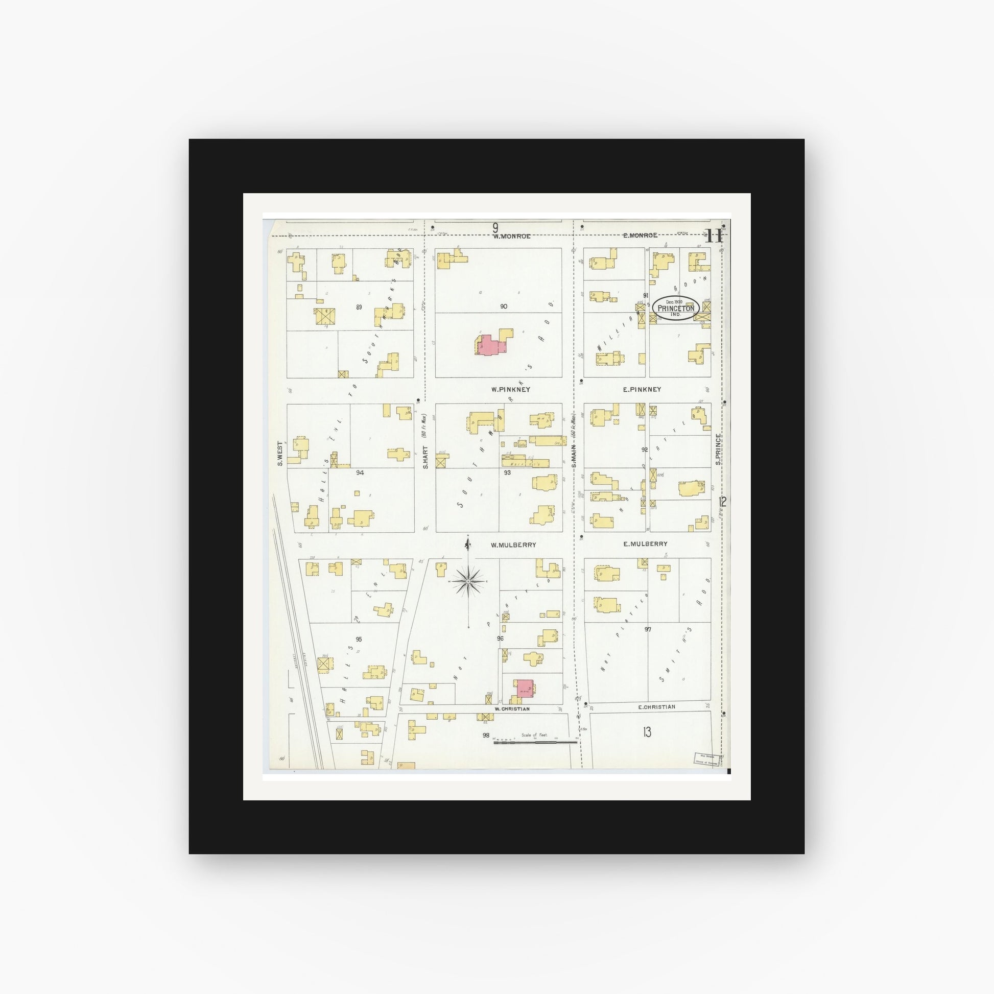 Old map wall art mockup — black gallery frame with white mat — Sanborn Fire Insurance Map from Princeton, Gibson County, Indiana (1900), Sheet #0011