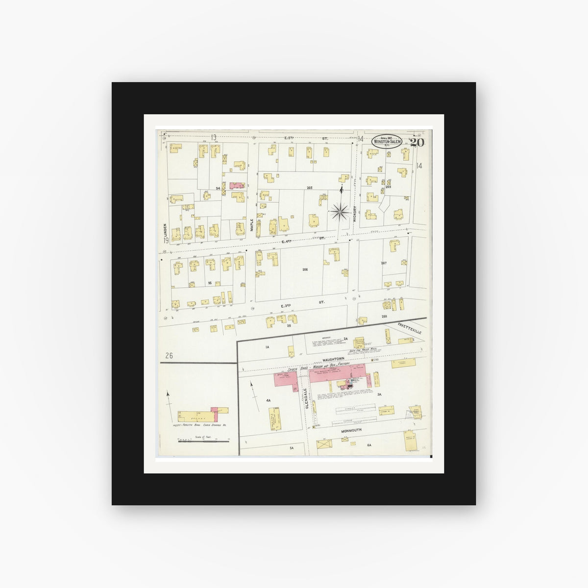 Old map wall art mockup — black gallery frame with white mat — Sanborn Fire Insurance Map from Winston-Salem, Forsyth County, North Carolina (1907), Sheet #0020