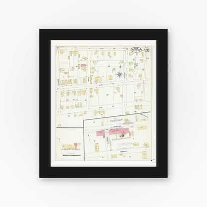 Old map wall art mockup — black gallery frame with white mat — Sanborn Fire Insurance Map from Winston-Salem, Forsyth County, North Carolina (1907), Sheet #0020