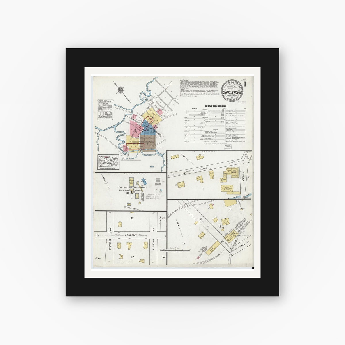 Old map wall art mockup — black gallery frame with white mat — Sanborn Fire Insurance Map from Shingle House, Potter County, Pennsylvania (1919) - Complete Map Set