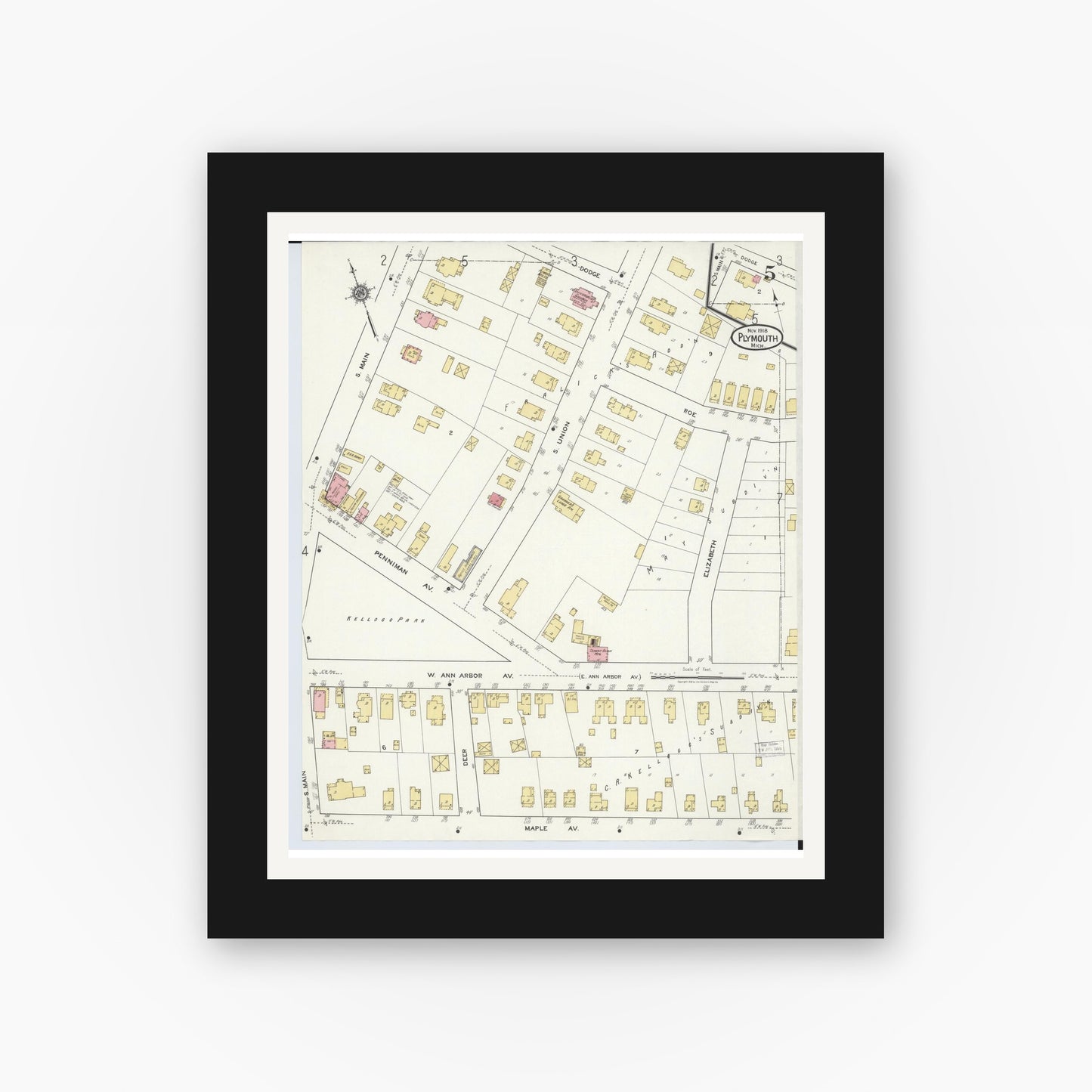 Old map wall art mockup — black gallery frame with white mat — Sanborn Fire Insurance Map from Plymouth, Wayne County, Michigan (1918), Sheet #0005