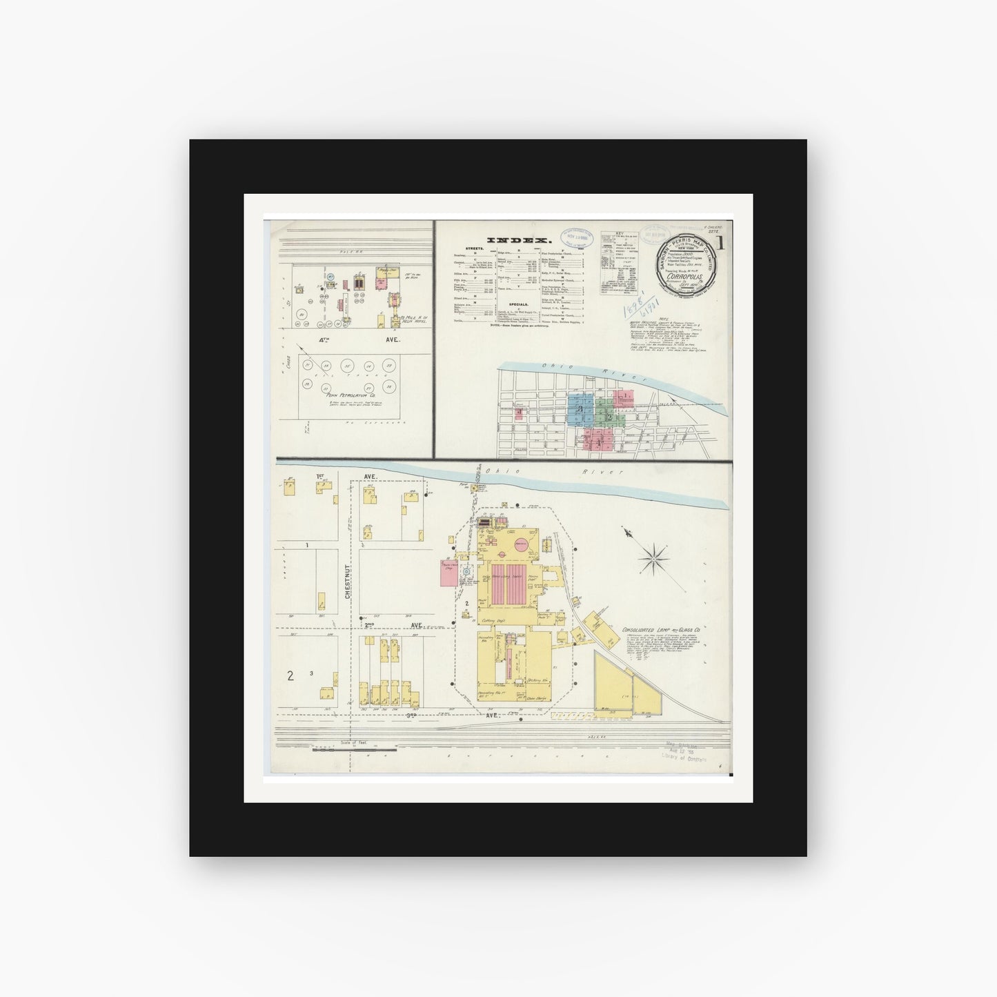 Old map wall art mockup — black gallery frame with white mat — Sanborn Fire Insurance Map from Coraopolis, Allegheny County, Pennsylvania (1898) - Complete Map Set