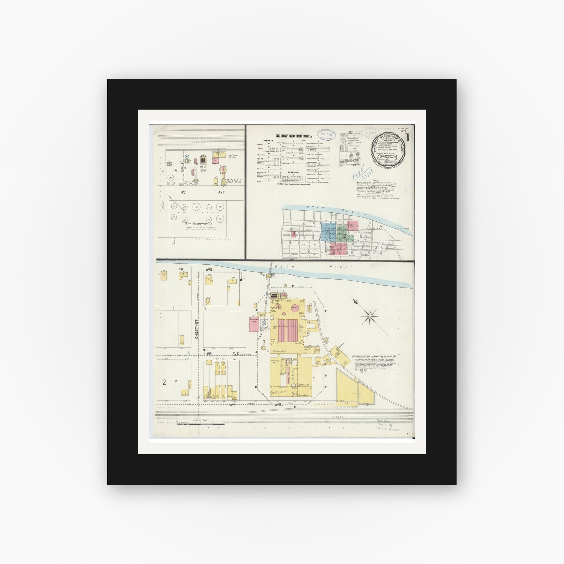 Old map wall art mockup — black gallery frame with white mat — Sanborn Fire Insurance Map from Coraopolis, Allegheny County, Pennsylvania (1898) - Complete Map Set