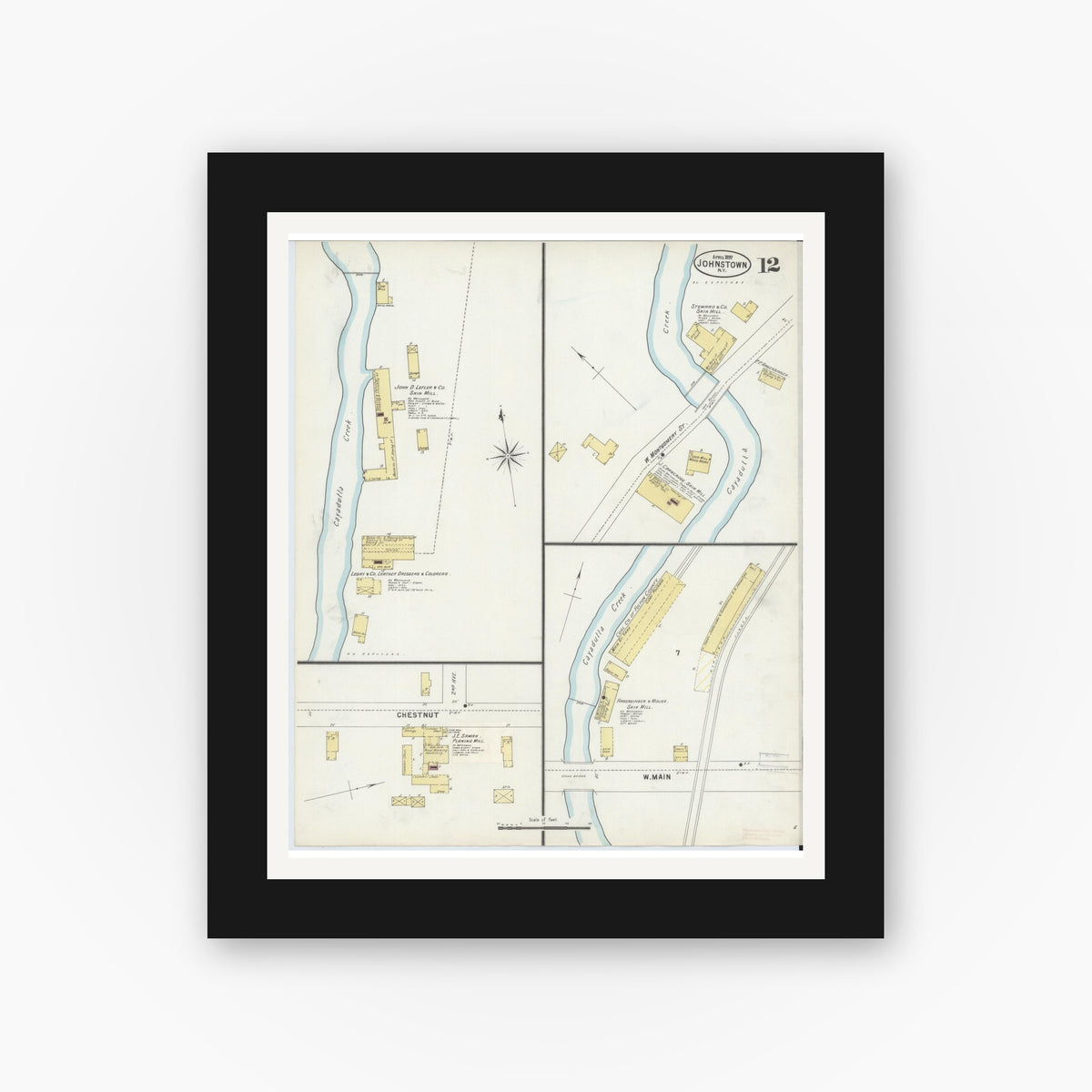 Old map wall art mockup — black gallery frame with white mat — Sanborn Fire Insurance Map from Johnstown, Fulton County, New York (1897), Sheet #0012