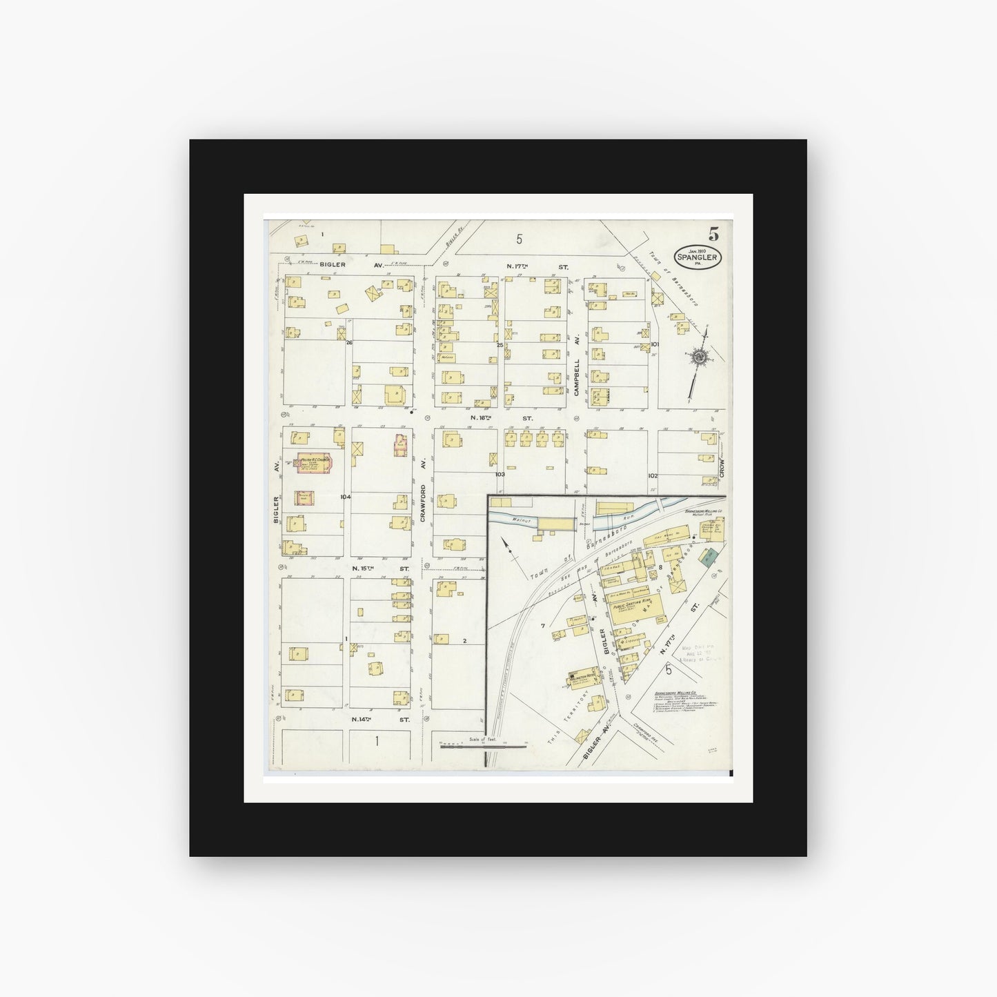 Old map wall art mockup — black gallery frame with white mat — Sanborn Fire Insurance Map from Spangler, Cambria County, Pennsylvania (1910), Sheet #0005