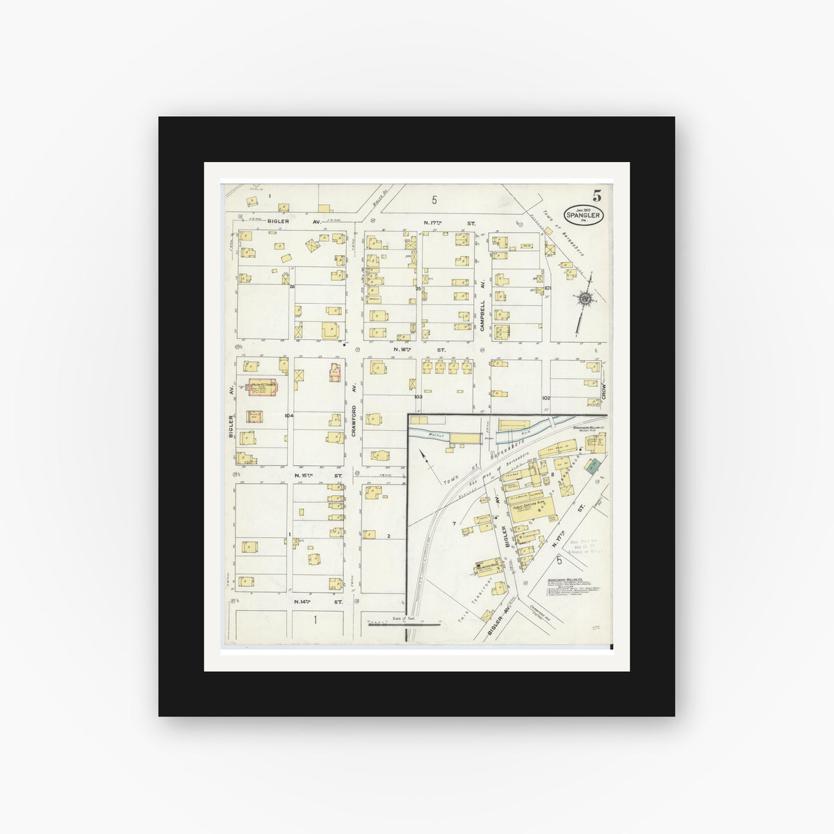 Old map wall art mockup — black gallery frame with white mat — Sanborn Fire Insurance Map from Spangler, Cambria County, Pennsylvania (1910), Sheet #0005