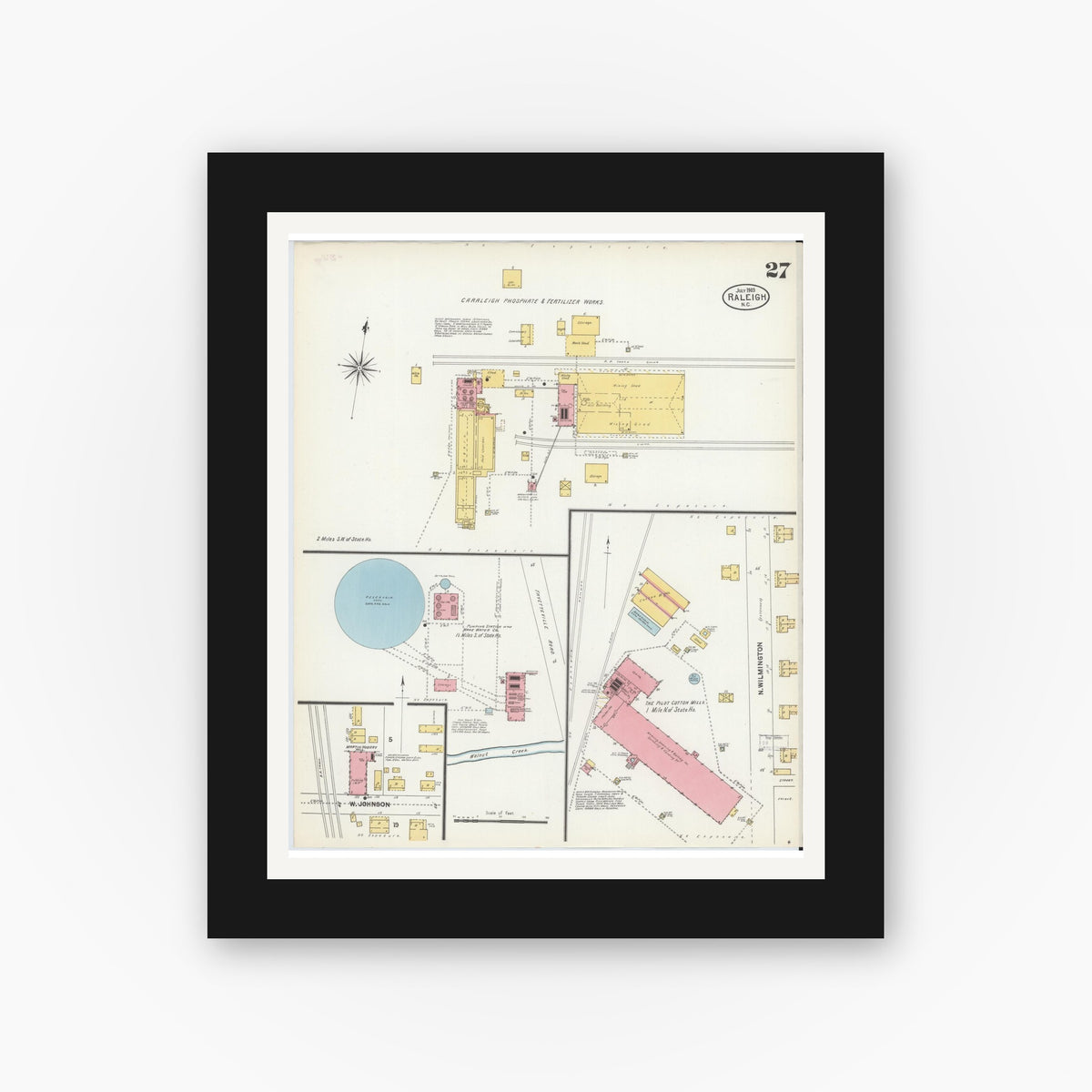 Old map wall art mockup — black gallery frame with white mat — Sanborn Fire Insurance Map from Raleigh, Wake County, North Carolina (1903), Sheet #0027