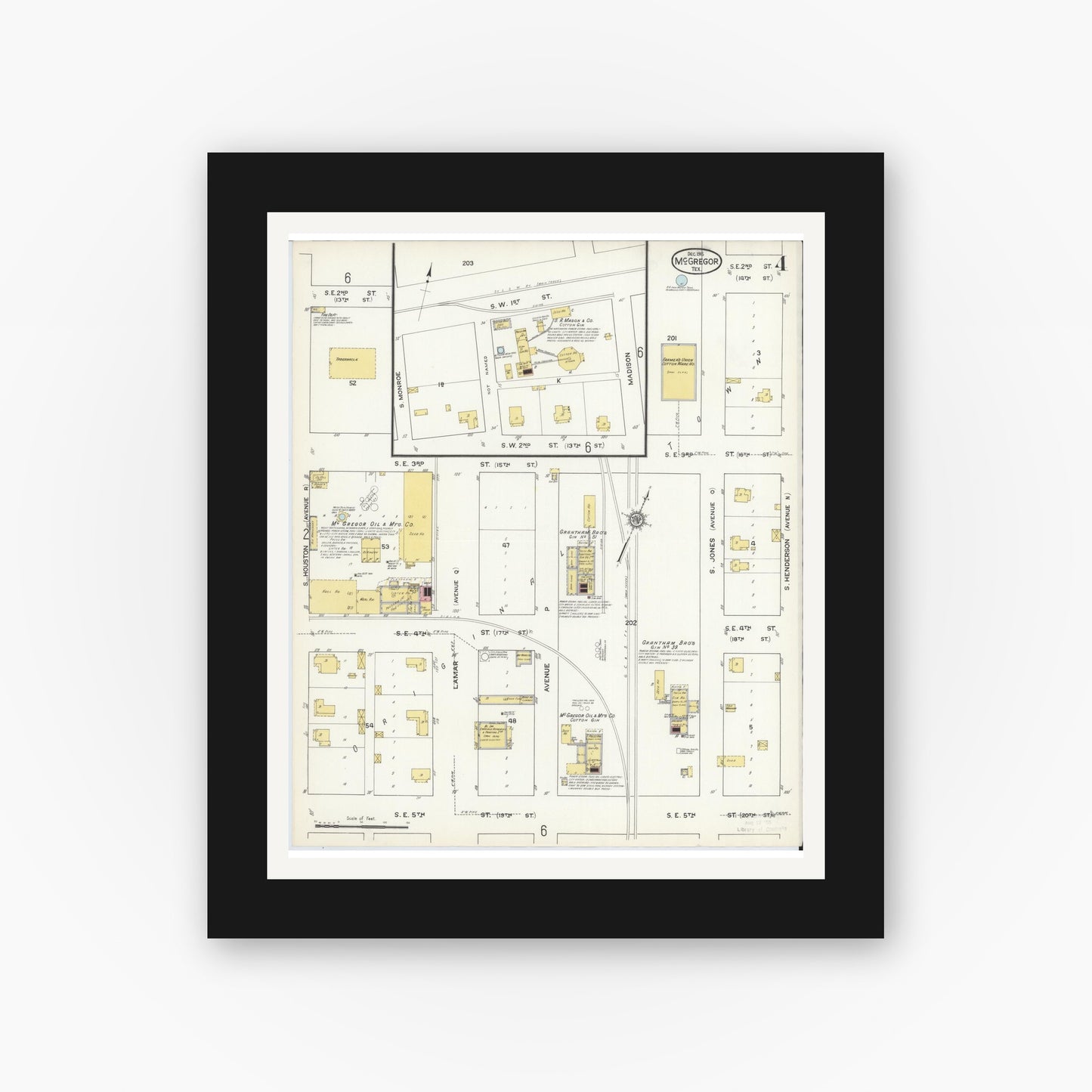 Old map wall art mockup — black gallery frame with white mat — Sanborn Fire Insurance Map from McGregor, McLennan County, Texas (1915), Sheet #0004