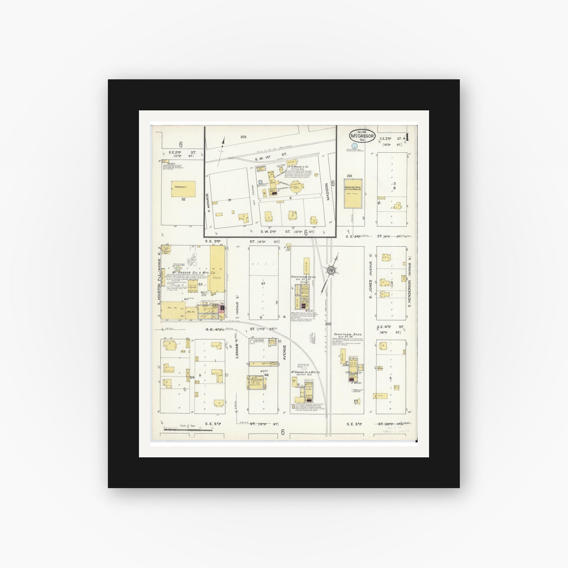 Old map wall art mockup — black gallery frame with white mat — Sanborn Fire Insurance Map from McGregor, McLennan County, Texas (1915), Sheet #0004