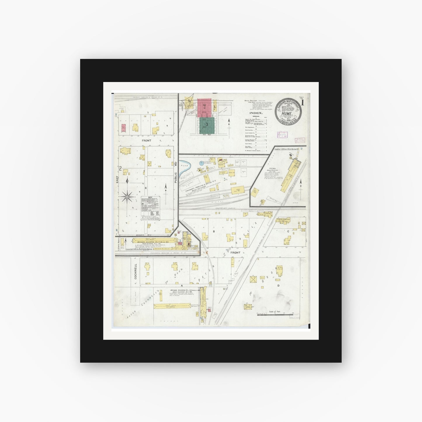Old map wall art mockup — black gallery frame with white mat — Sanborn Fire Insurance Map from Hume, Edgar County, Illinois (1909) - Complete Map Set