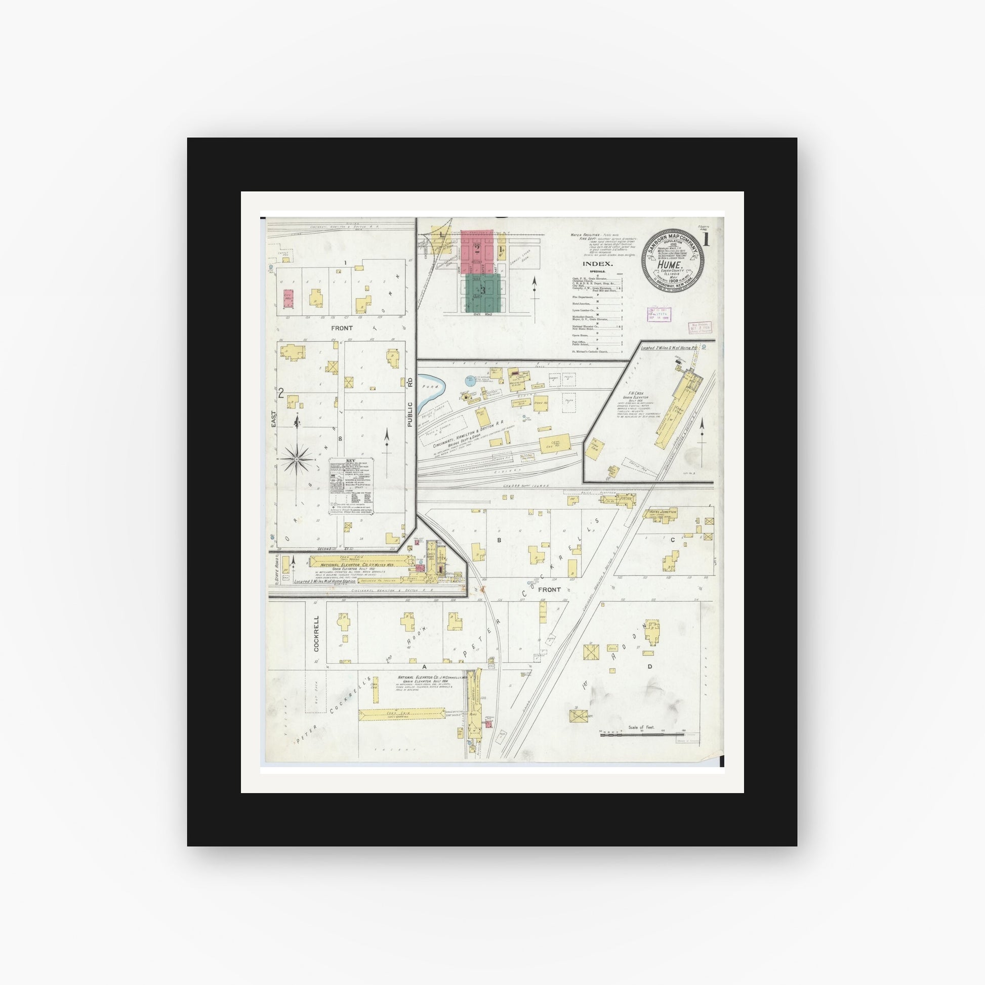 Old map wall art mockup — black gallery frame with white mat — Sanborn Fire Insurance Map from Hume, Edgar County, Illinois (1909) - Complete Map Set
