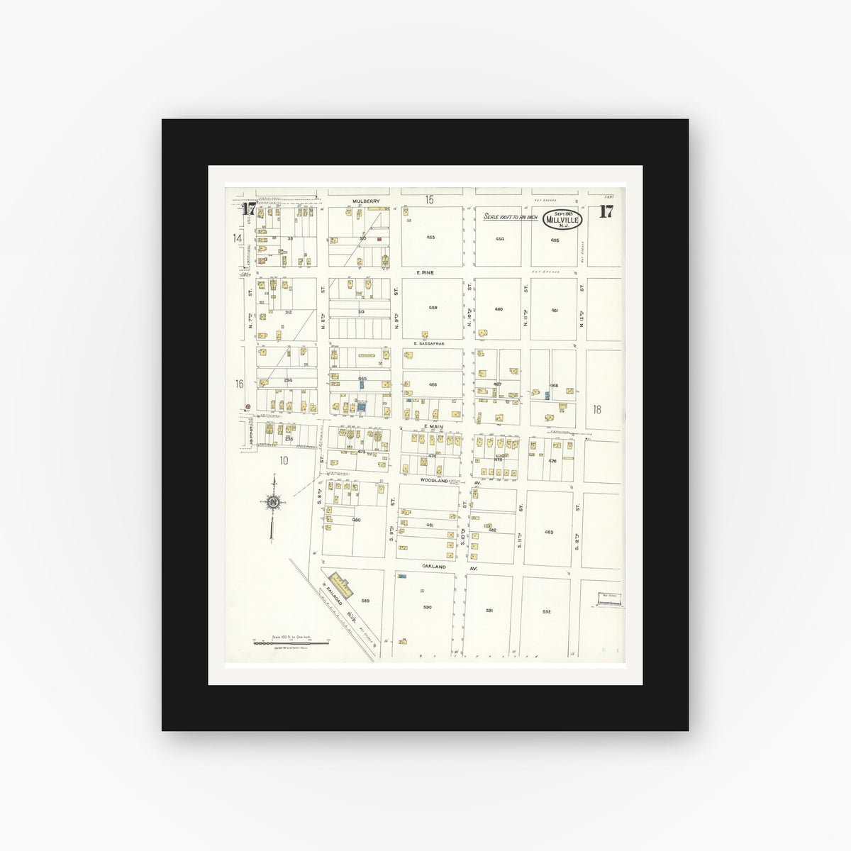 Old map wall art mockup — black gallery frame with white mat — Sanborn Fire Insurance Map from Millville, Cumberland County, New Jersey (1923), Sheet #0017