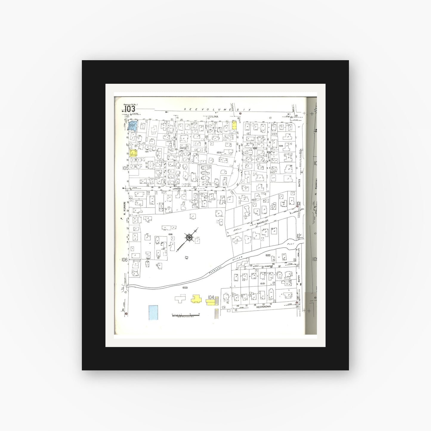 Old map wall art mockup — black gallery frame with white mat — Sanborn Fire Insurance Map from Honolulu, Oahu County, Hawaii (1955), Sheet #0103