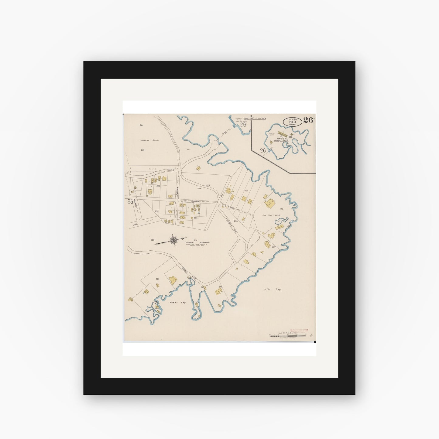 Old map wall art mockup — black gallery frame with white mat — Sanborn Fire Insurance Map from Hilo, Hawaii County, Hawaii (1921), Sheet #0026