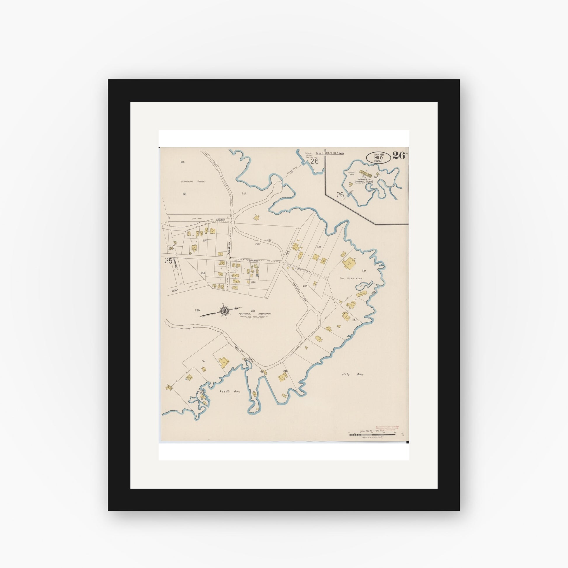 Old map wall art mockup — black gallery frame with white mat — Sanborn Fire Insurance Map from Hilo, Hawaii County, Hawaii (1921), Sheet #0026