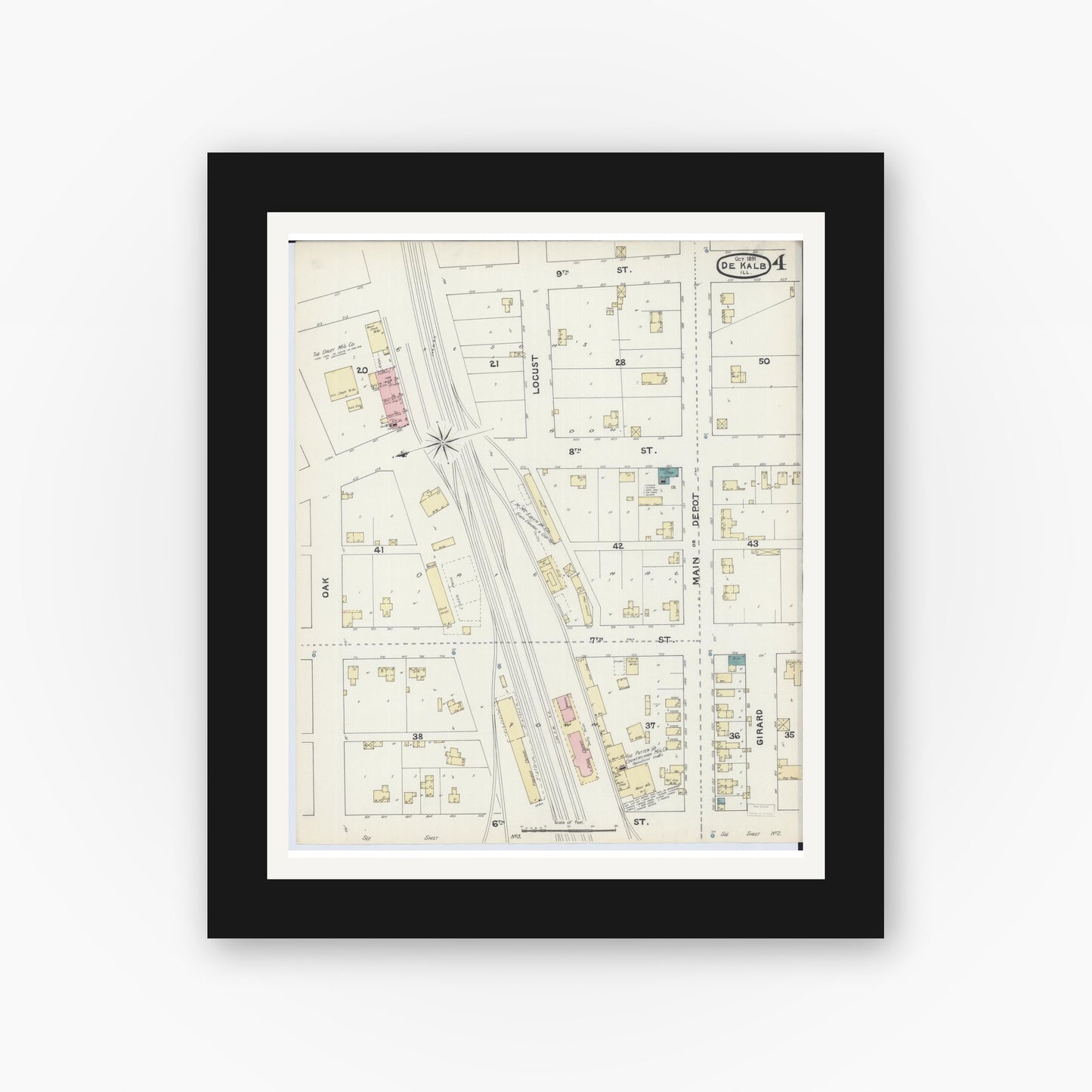 Old map wall art mockup — black gallery frame with white mat — Sanborn Fire Insurance Map from De Kalb, De Kalb County, Illinois (1891), Sheet #0004