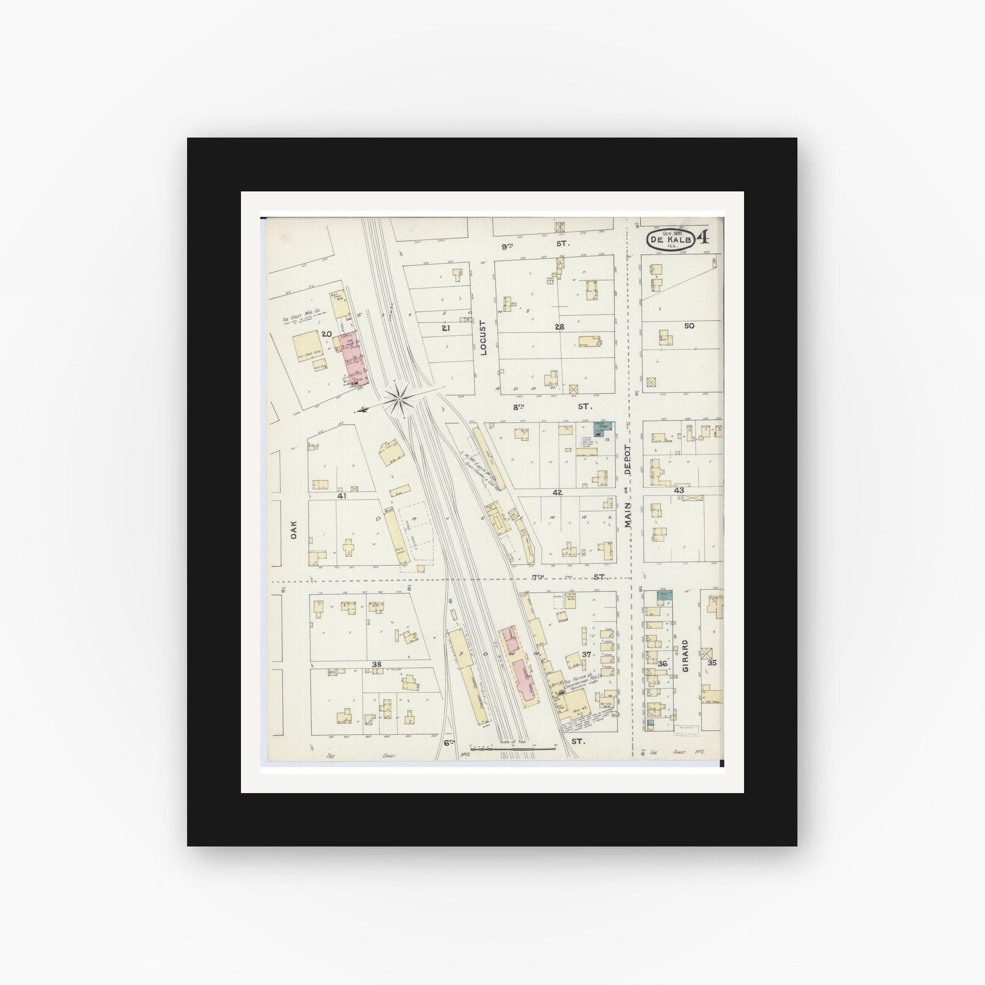 Old map wall art mockup — black gallery frame with white mat — Sanborn Fire Insurance Map from De Kalb, De Kalb County, Illinois (1891), Sheet #0004
